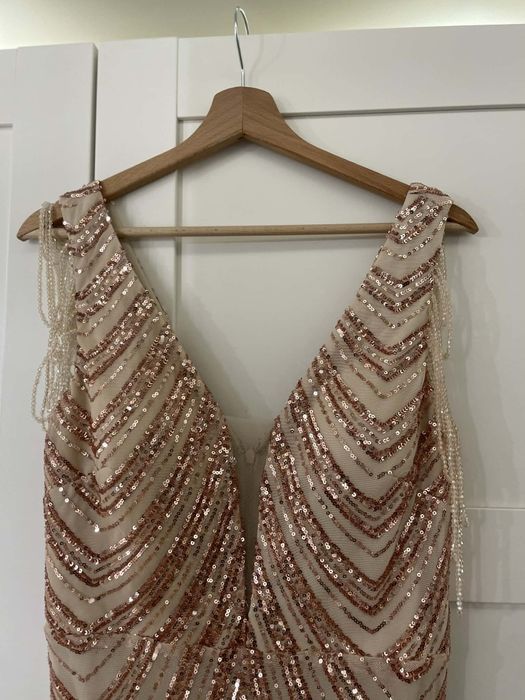 Sukienka wieczorowa maxi – cekiny, różowe złoto , Sylwester