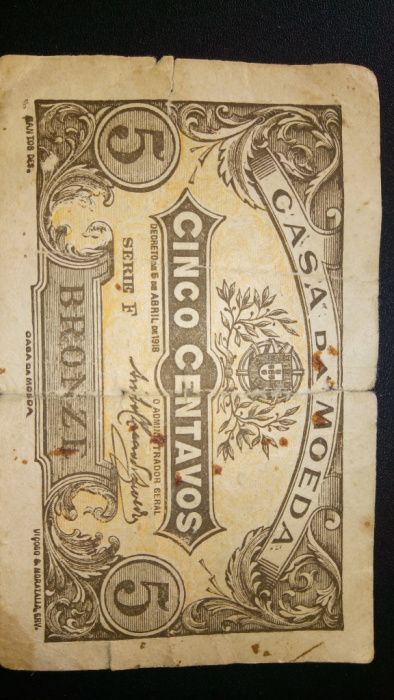 Nota de 5 centavos em bronze, datada de 5 de abril de 1918