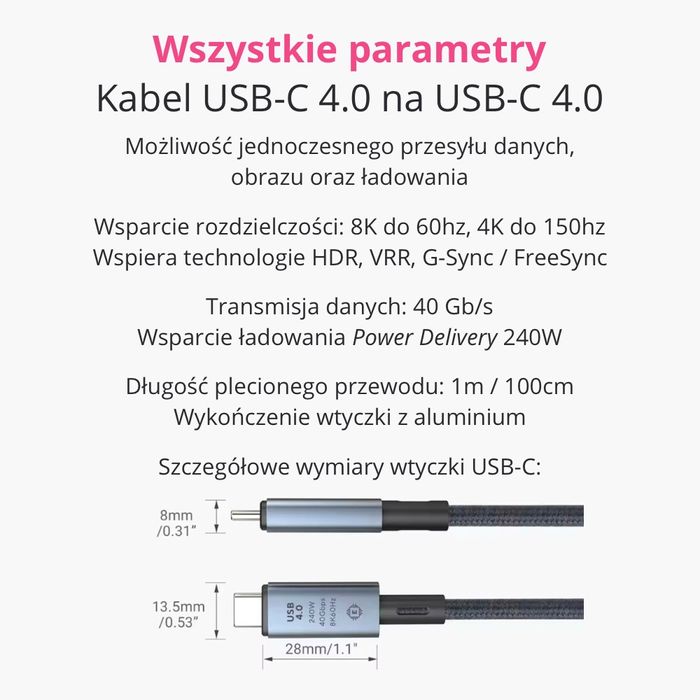 Kabel USB-C 4.0 Thunderbolt 4 8k/60hz 40Gb/s 240W PD 1m