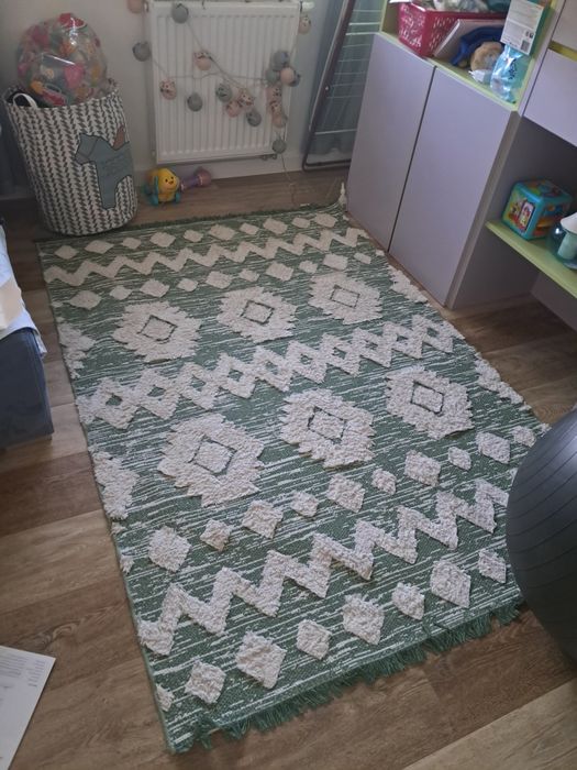 Dywan biało zielony romby nowocze mata antypoślizgowa gratis