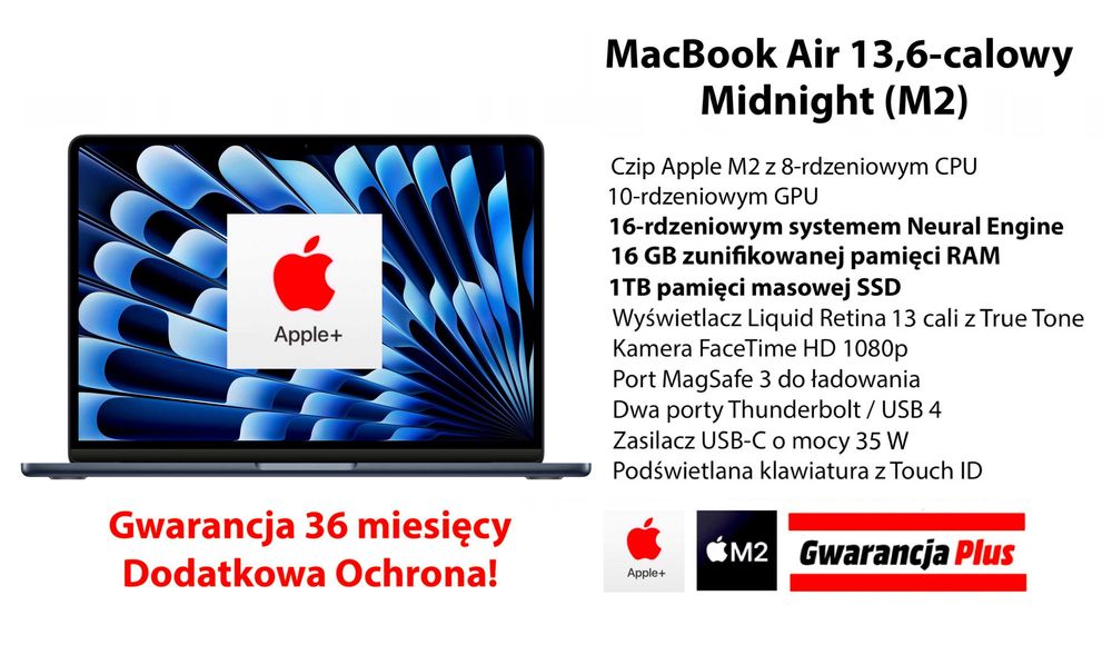 NOWY Apple MacBook Air 13 M2 16GB RAM 1TB SSD MIDNIGHT FV23% GW-3LATA!
