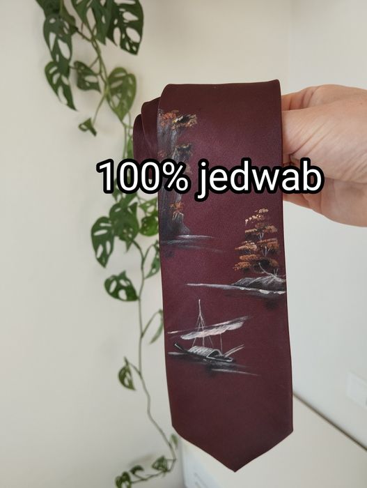 Krawat jedwabny 100% silk bordowy, burgundowy, w statki, łódki, 8,5 cm
