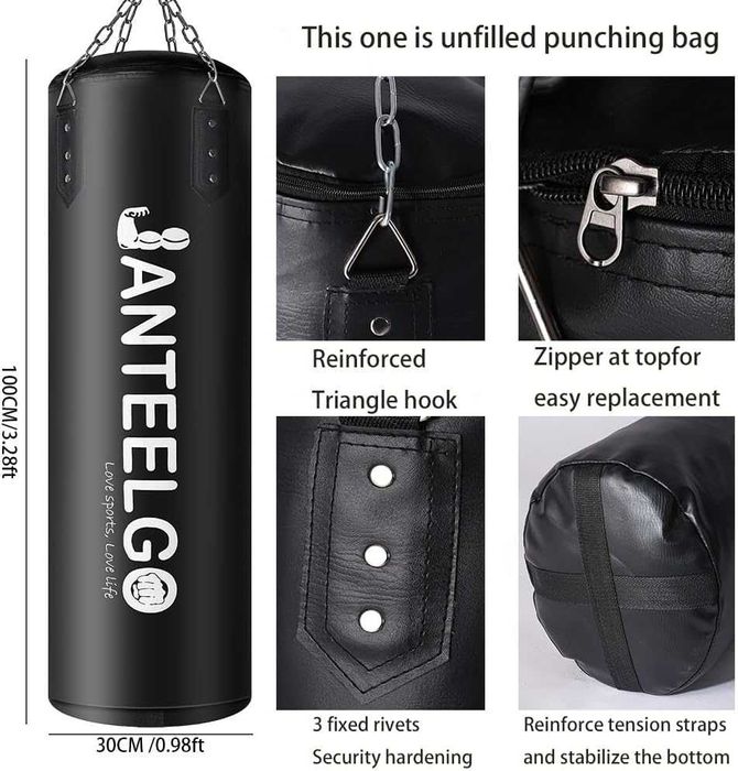 Worek bokserski wiszący 100 cm – niewypełniony + Akcesoria