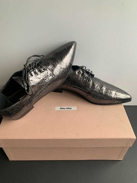 100% Autêntico Miu Miu Sapatos Pele Crackled Cinza Metálico PVP: 458€