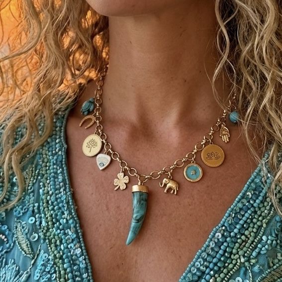 Colar amuletos, em aço