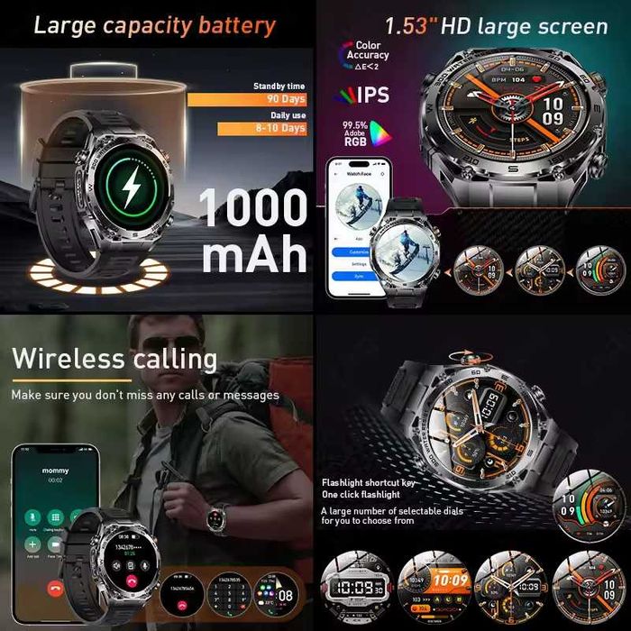 Смарт часы: HARDY AK105 PRO. NFC. 1000mAh. LED-фонарик. UV лампа.