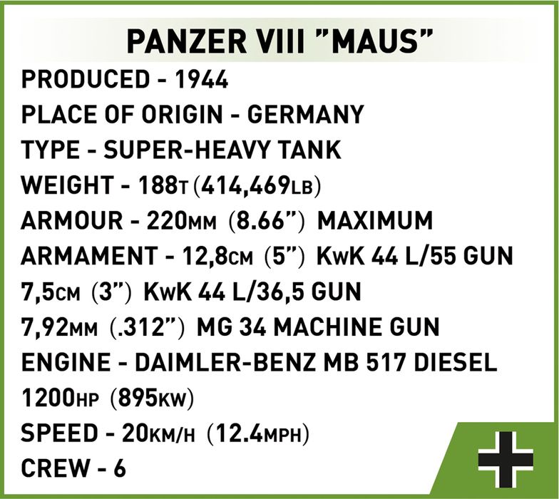 Czołg Panzer VIII Maus klocki COBI 3138