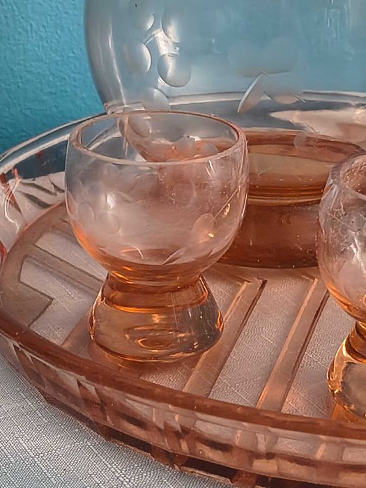 Stara karafka art deco Ząbkowice zestaw rozalinowy