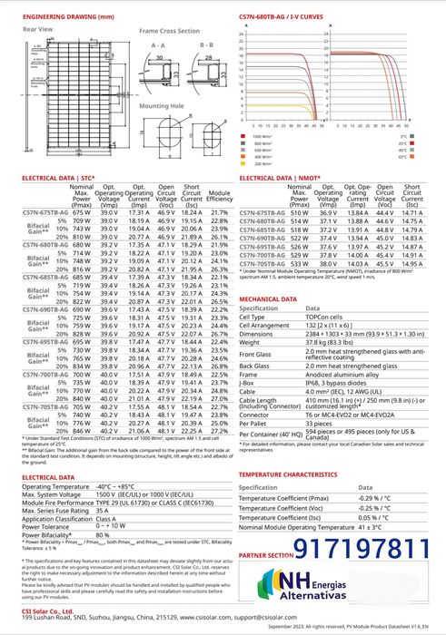 Canadian Solar Bifacial 705W Painel Fotovoltaico monocristalino 700W