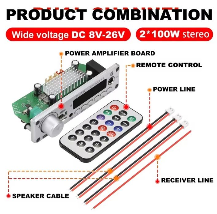 Декодер Bluetooth 2*100W,mp3 плеер, радио,usb, tpa3116 усилитель,пульт