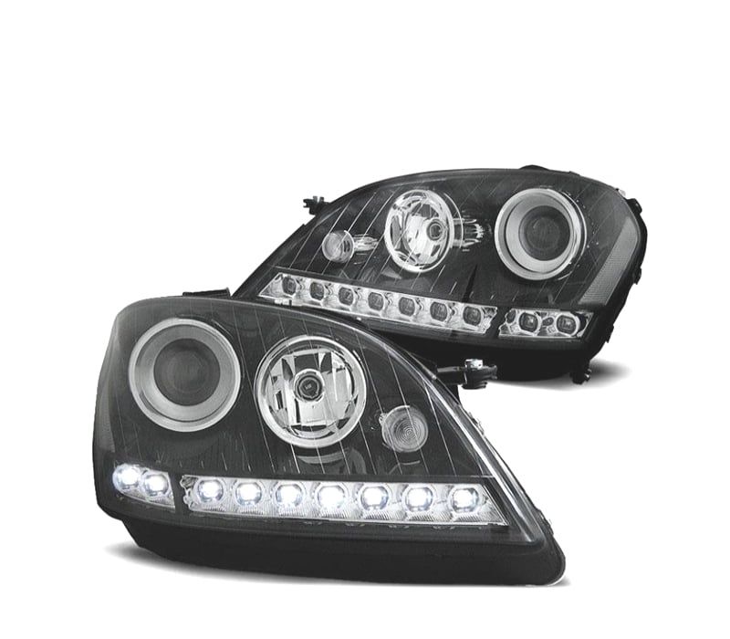 FARÓIS OPTICAS LUZ DIURNA LED MERCEDES ML W164 05-08 FUNDO PRETO