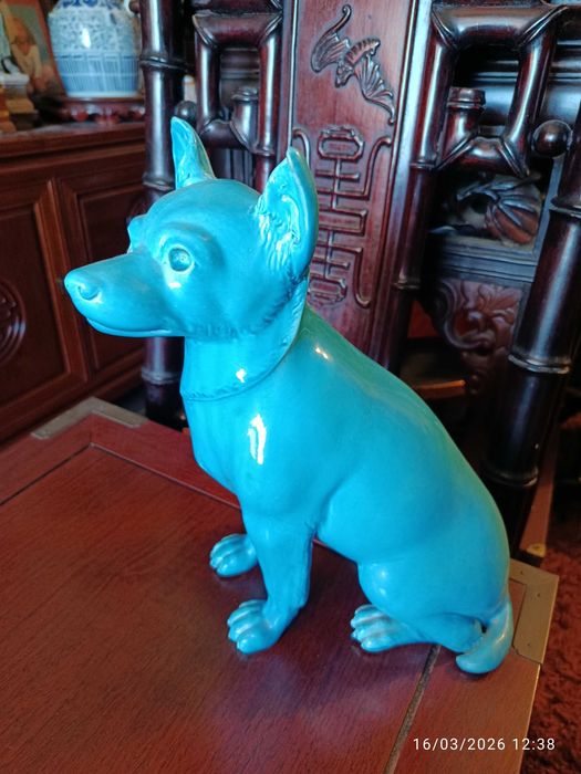 Cão Azul Turquesa Porcelana Chinesa Antiga 30 cm