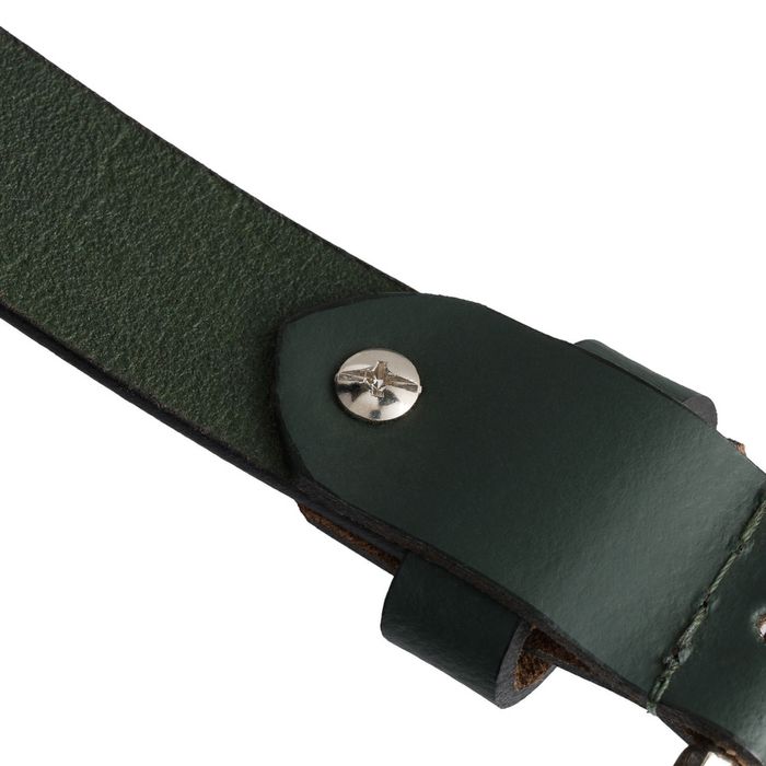 skórzany, zielony pasek damski ze srebrną, klasyczną klamrą