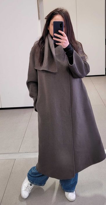 długi szary płaszcz z szalem Zara S 36 M 38 62%wełna wool luźny