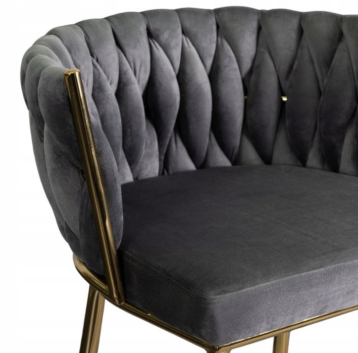 Хокер Барний стілець зі спинкою Плетені Золоті Ноги Велюровий Сірий