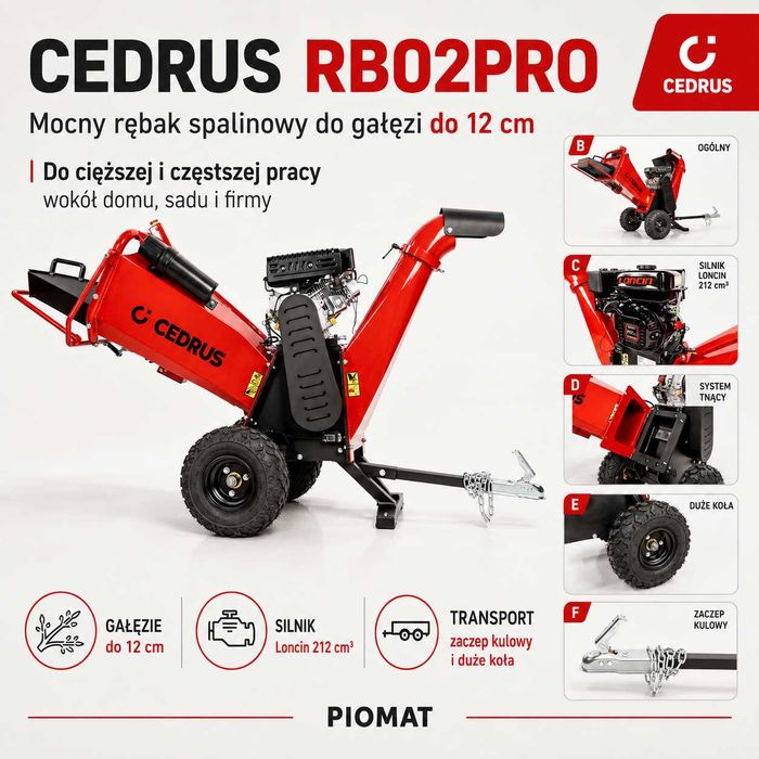 Cedrus RB02PRO Rozdrabniacz spalinowy do gałęzi 12 cm zaczep kulowy