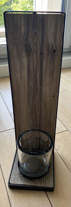 Świecznik ozdobny drewniany ze szkłem, nowy