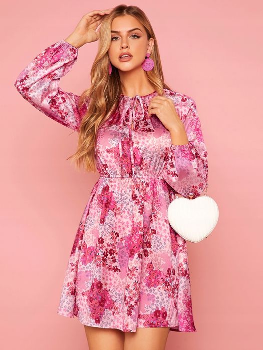 Sukienka Satynowa Boho W Kwiaty Z Bufiastymi Rękawami Shein Xl 42