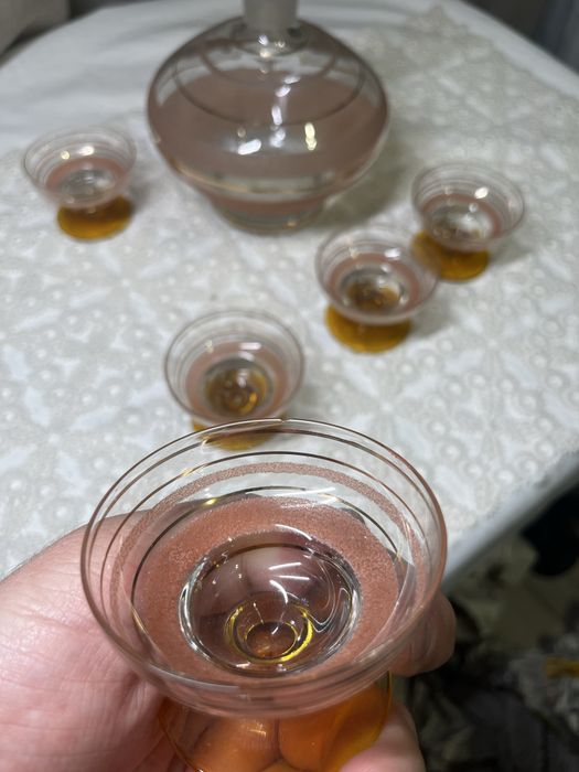 Vintage zestaw do nalewek karafka i 5 kieliszków szkło kolorowe PRL#22