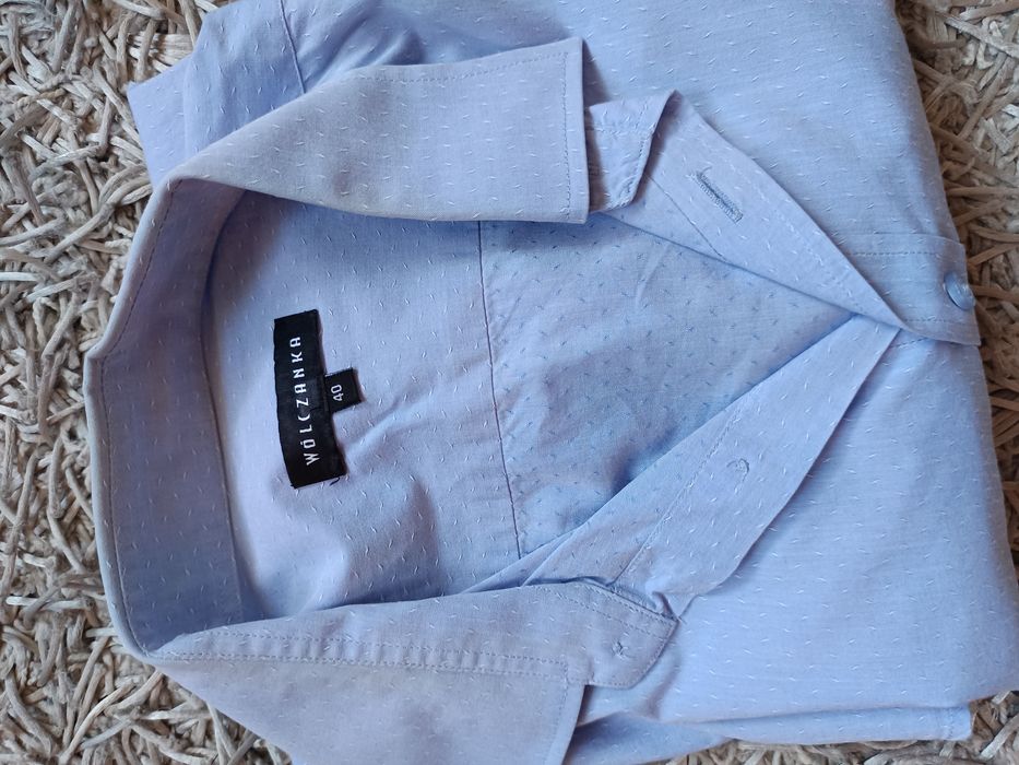 Męska koszula Wólczanka 40 niebieska błękitna tłoczony biały wzór