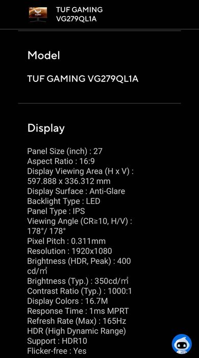 ASUS TUF Gaming VG279QL1A 27” IPS 165Hz 1ms HDR