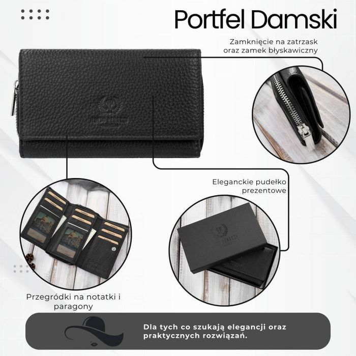 Portfel damski duży czarny ze skóry naturalnej pojemny Paolo