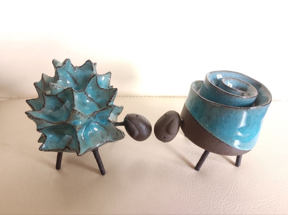 Figurki ceramiczne owce owieczki turkusowo brązowe