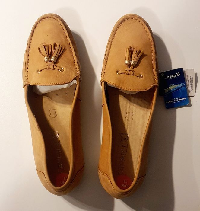 Damskie komfortowe  mokasyny skórzane_CAPRICE_38_Camel_NOWE