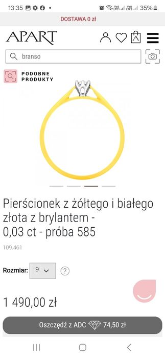 Złoty pierścionek z brylantem rozmiar 10!