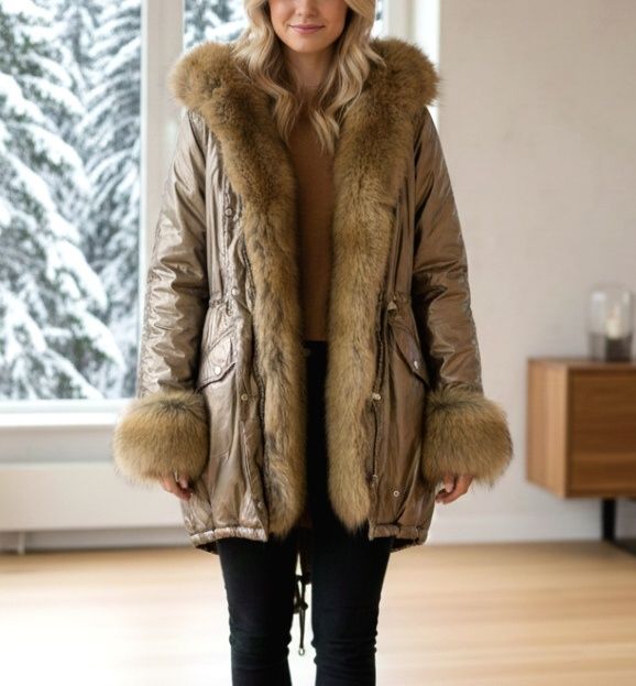 Kurtka zimowa futro kożuch uni parka złota.