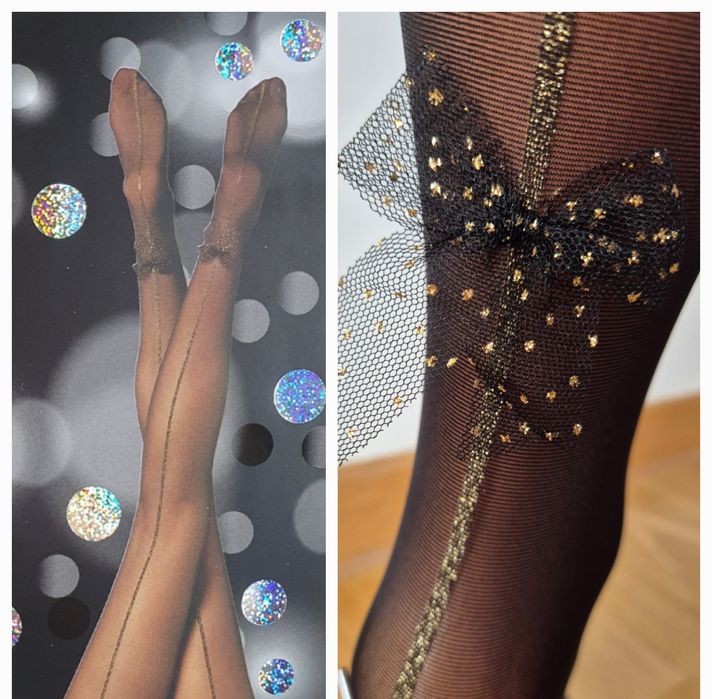 Rajstopy Calzedonia s/m czarne złote szew z kokardkami shiny legs 30