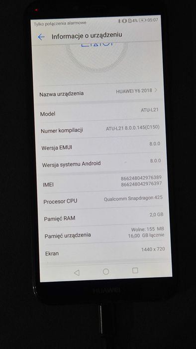 Huawei y6 2018 ATU L21 2Gb RAM 16Gb pamięci