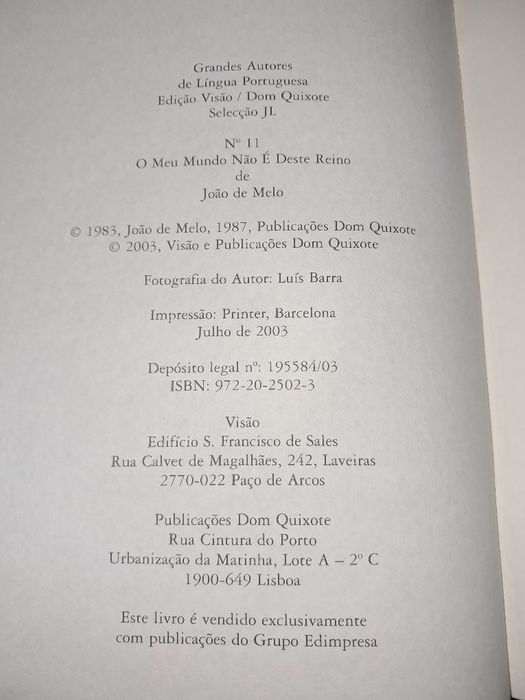 Livro O Meu Mundo não é deste Reino de João Melo