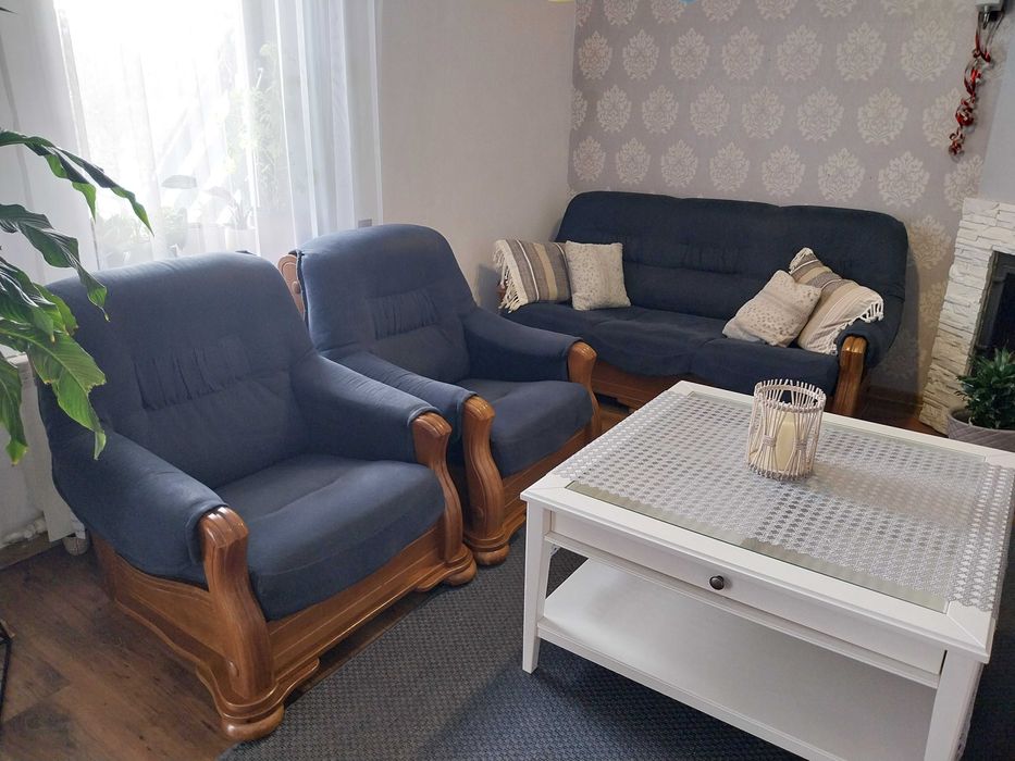 Komplet wypoczynkowy, sofa + dwa fotele, dębowe