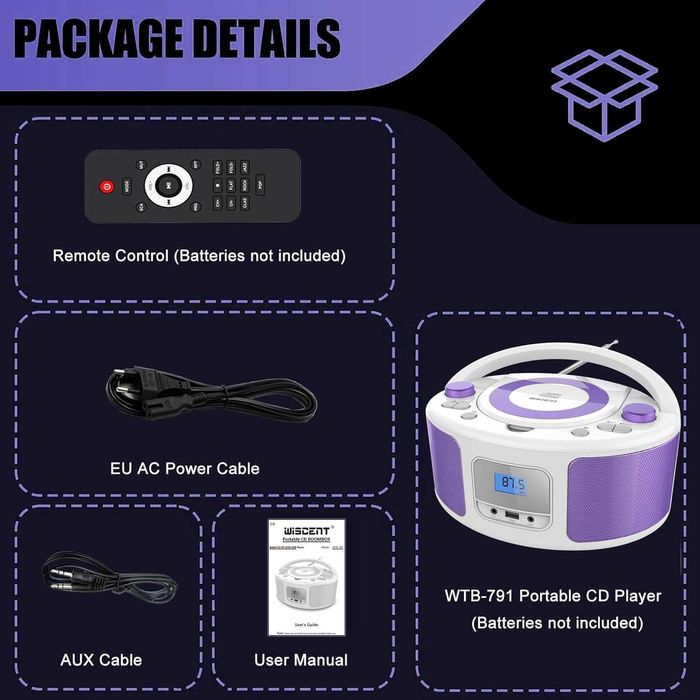 Odtwarzacz CD, boombox Bluetooth, pilot, radio FM, USB
