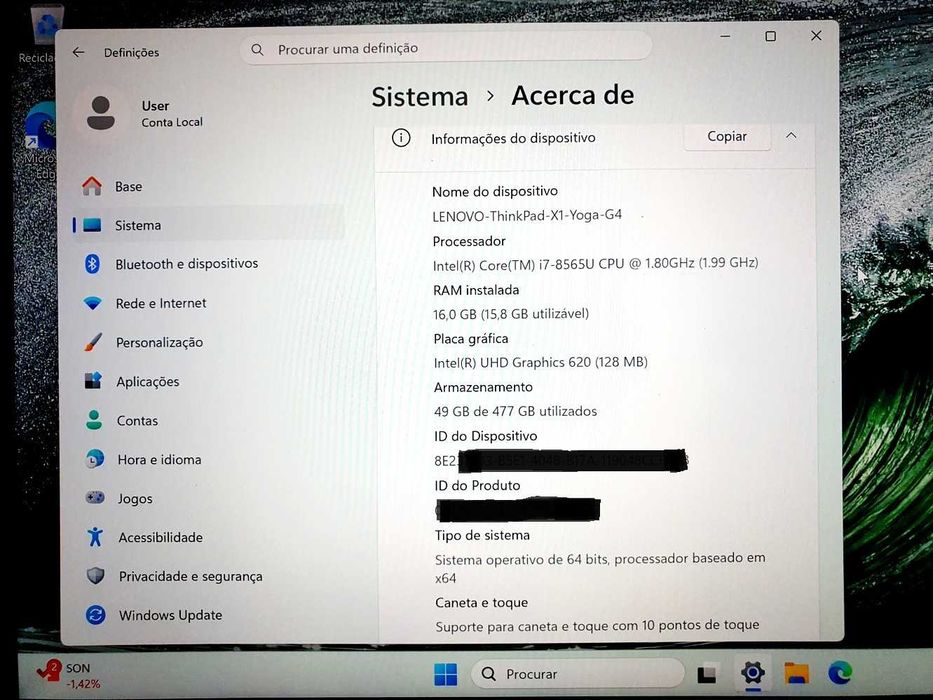 LENOVO ThinkPad X1 Yoga gen4, Intel i7-8565U, 16GB Ram, 512GB disco, ecrâ WQHD