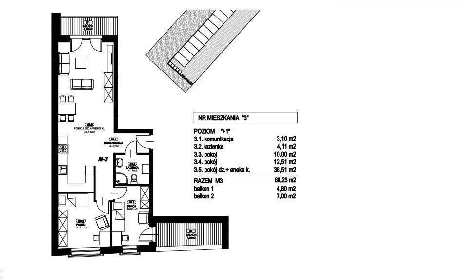 Ostatnie mieszkanie w inwestycji | 68,23 m² | 3 pokoje Balkon i loggia