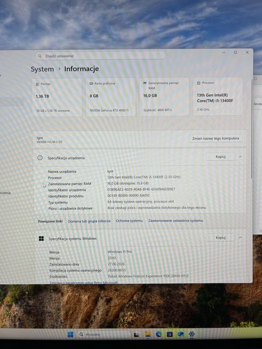 Komputer stacjonarny i5-13400F / RTX 4060 Ti 8GB / 16GB RAM / 1TB M.2 /