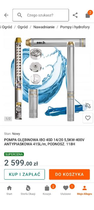 Pompa głębinowa IBO 4SD 14/20 5,5KW-400V antypiaskowa 415L/m, PODNOSZ. 118H