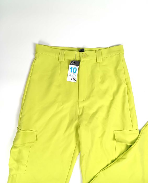 Nowe cienkie limonkowe spodnie damskie cargo wysoki stan Primark M/38