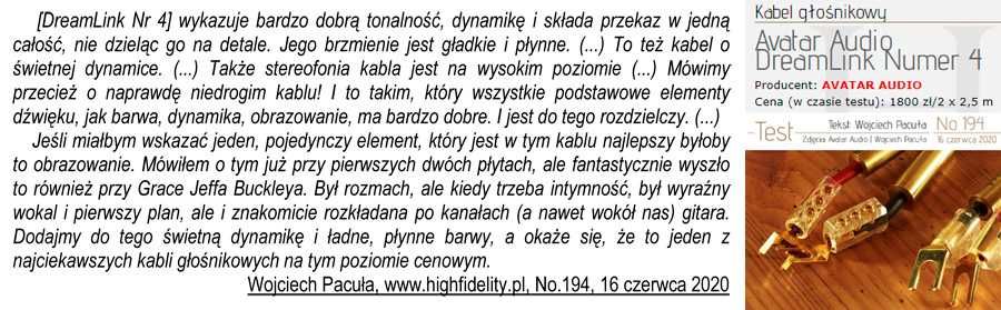 Kabel głośnikowy Avatar Audio DREAMLINK Nr 3 bi-wire stara wersja -30%