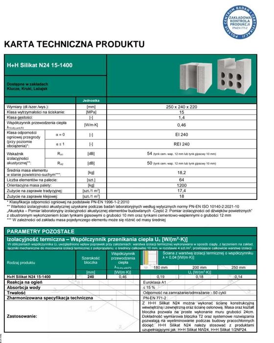 Bloczki silikatowe h+h 24cm, silka, silikat