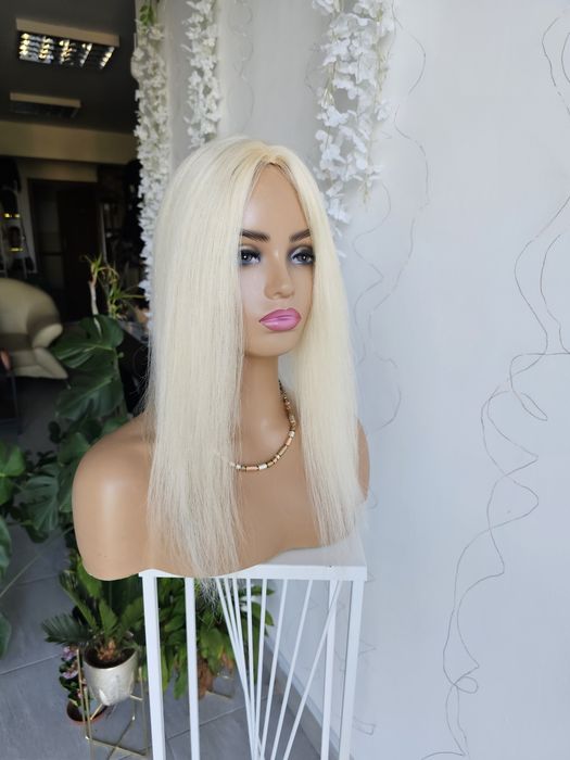 Tupet topper z włosów naturalnych jasny blond 50 cm treska system