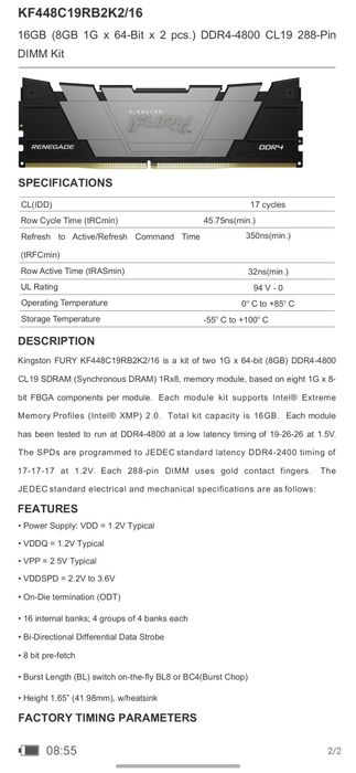 Kingston FURY 16 GB (2x8GB) DDR4 4800 MHz Renegade Black! НОВА!