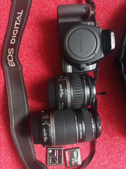 Aparat fotograficzny Canon i dwa obiektywy