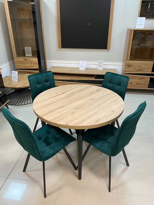 (936) Stół okrągły rozkładany + 4 krzesła, nowe 1220 zł