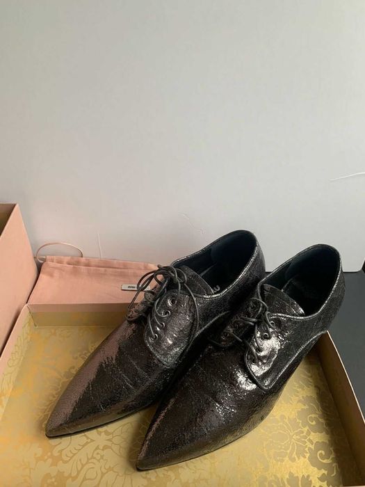 100% Autêntico Miu Miu Sapatos Pele Crackled Cinza Metálico PVP: 458€
