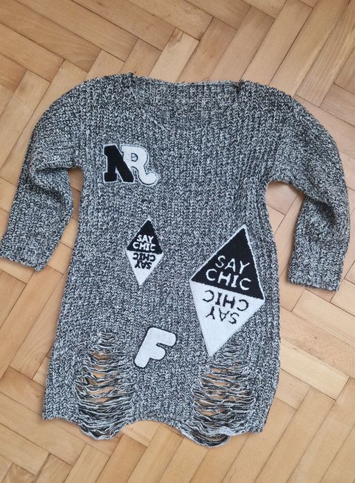 Poszarpany sweter naszywki rękaw 3/4 s/m