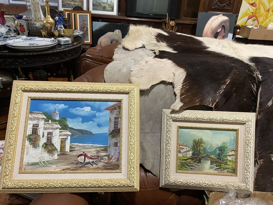 Dois quadros a óleo! Tamanhos diferentes! Moldura branca e diurado!Preço dos dois 90 euros!