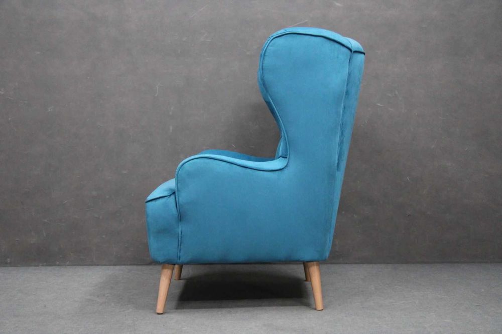 Fotel tapicerowany Uszak Moli błękitny drewniany BGM24.pl B 6318 -24%